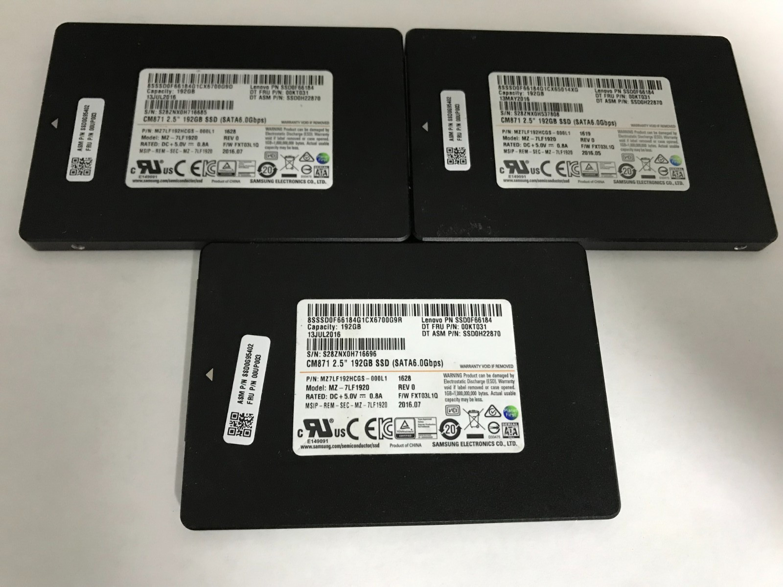 Lot of 3, Samsung MZ-7LF1920 192GB 6Gb/s 2.5” CM871 SATA SSD Solid state