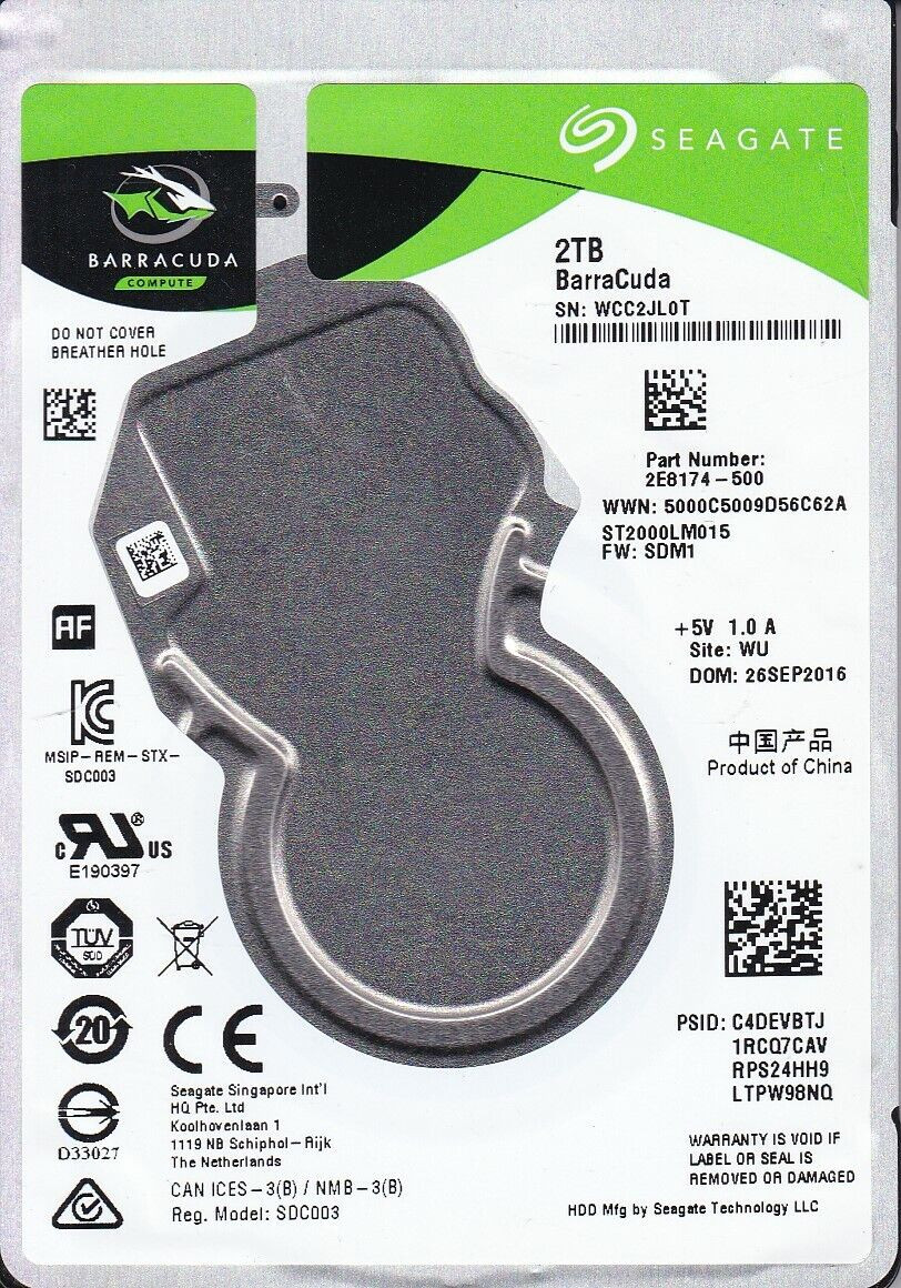 ST2000LM015  f/w: SDM1 s/n: WCC pn: 2E8174-500 WU SEP 2016 2TB SATA 2.5" Seagate