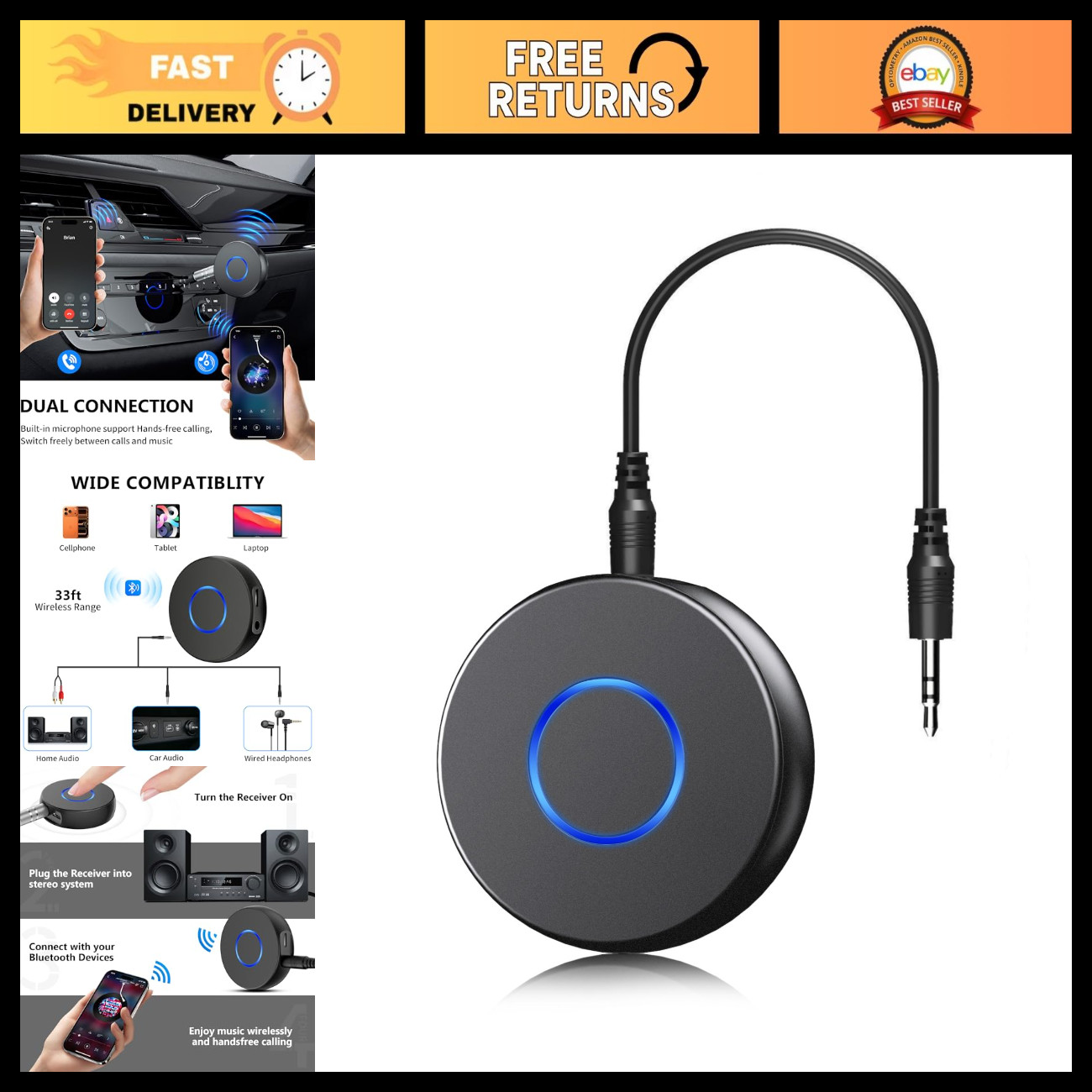 Wireless Bluetooth Aux Adapter for Car - Portable Audio Receiver, Hands-Free Kit