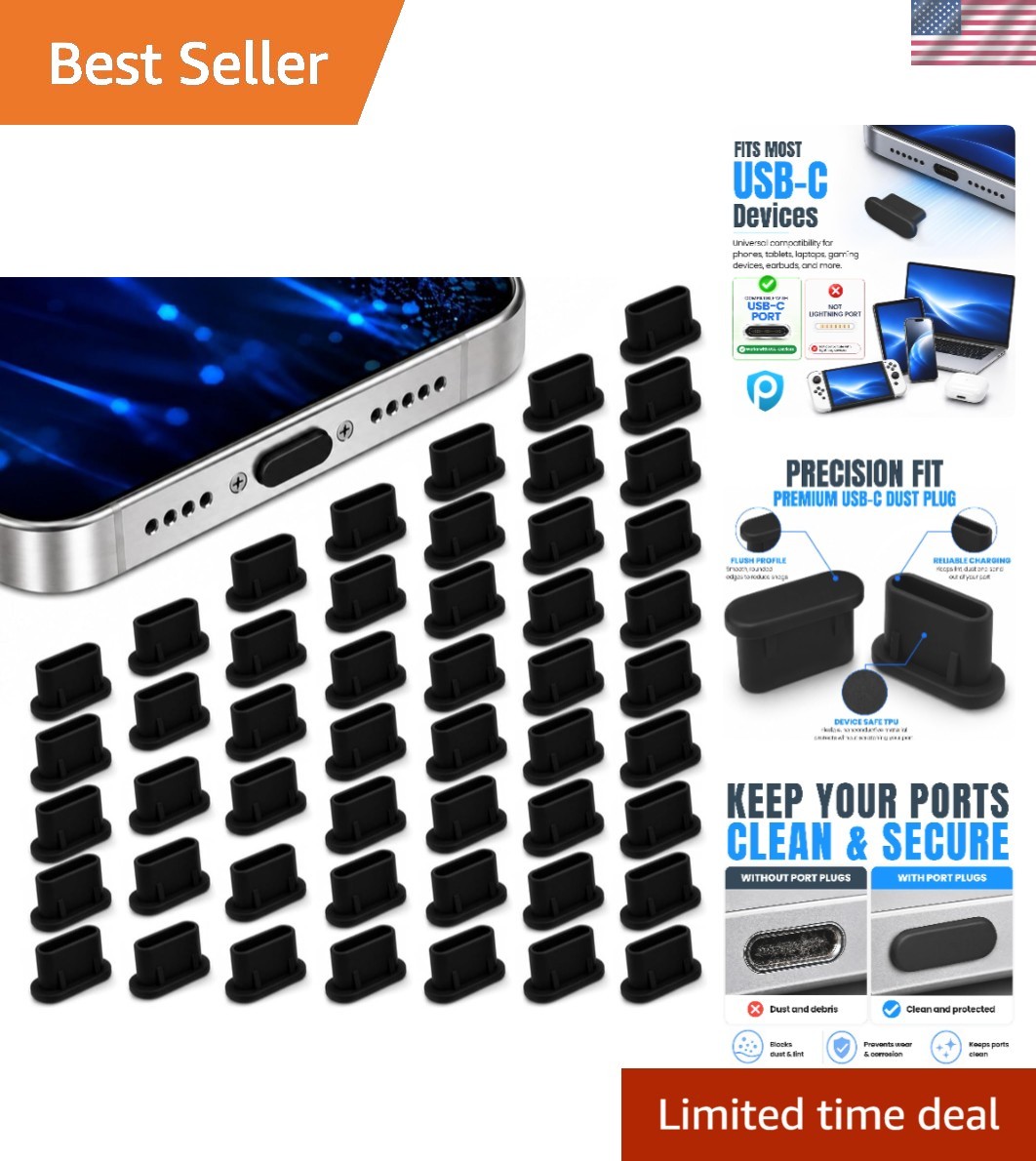 USB C Dust Plugs 50 Pack with Cleaning Brush, Charging Port Covers, Black