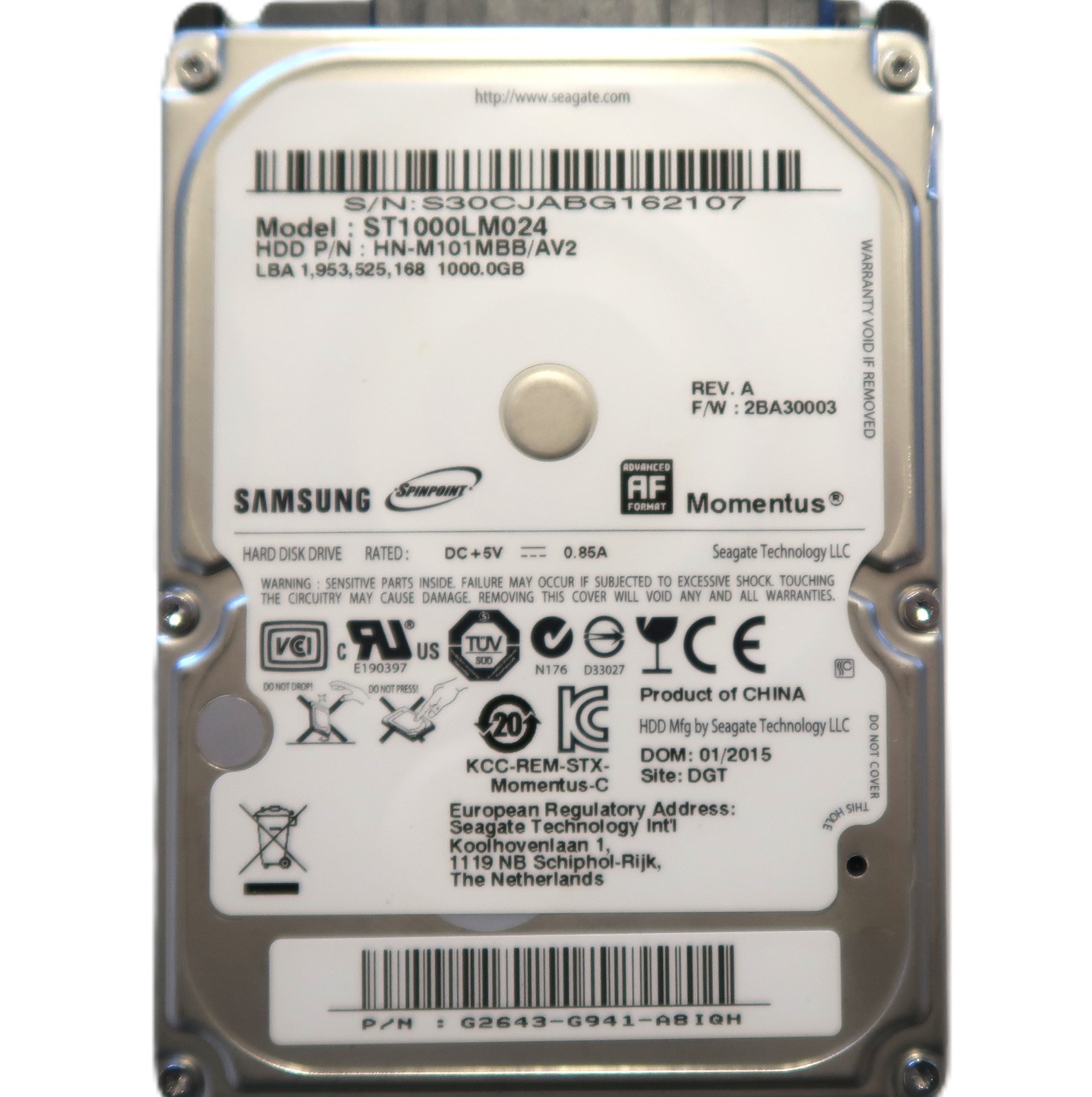 Samsung ST1000LM024 HN-M101MBB/AV2 G2643-G941 2BA30003 2.5" 1TB Sata HDD 01/2015