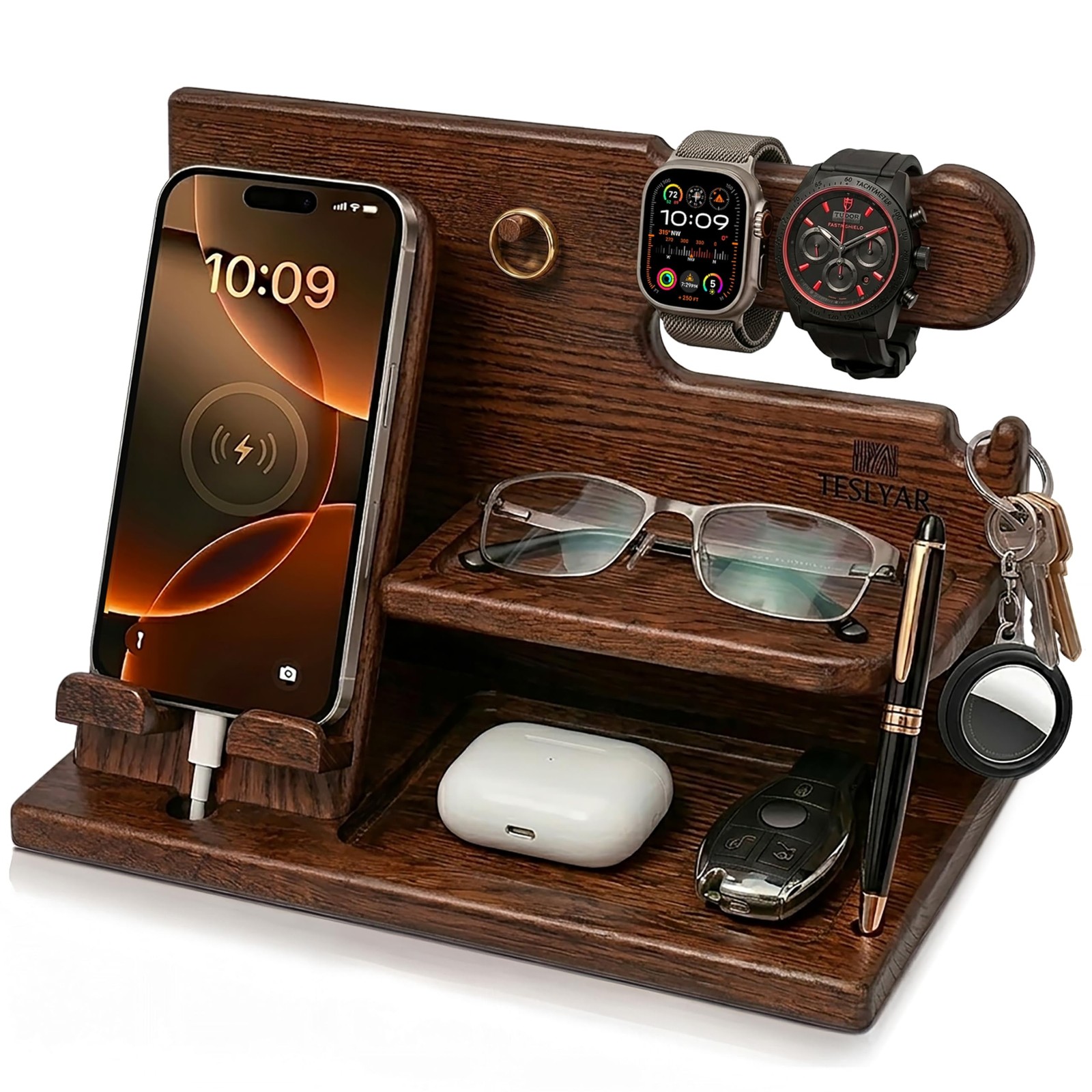 TESLYAR Wood Phone Docking Station for Men - Desk or Nightstand Organizer - B...