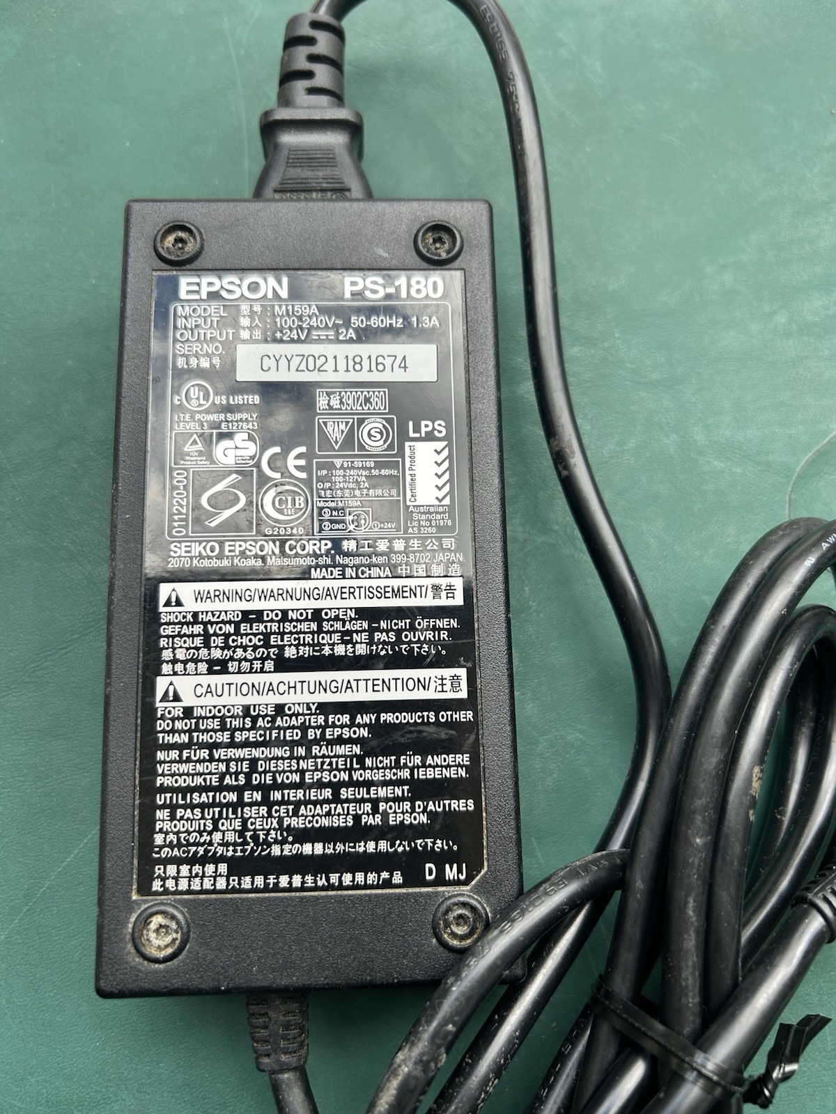 Epson AC Power Adapter PS-180 M159D 24V 2.1A W 110 Wall Outlet Cord/Cable Plug
