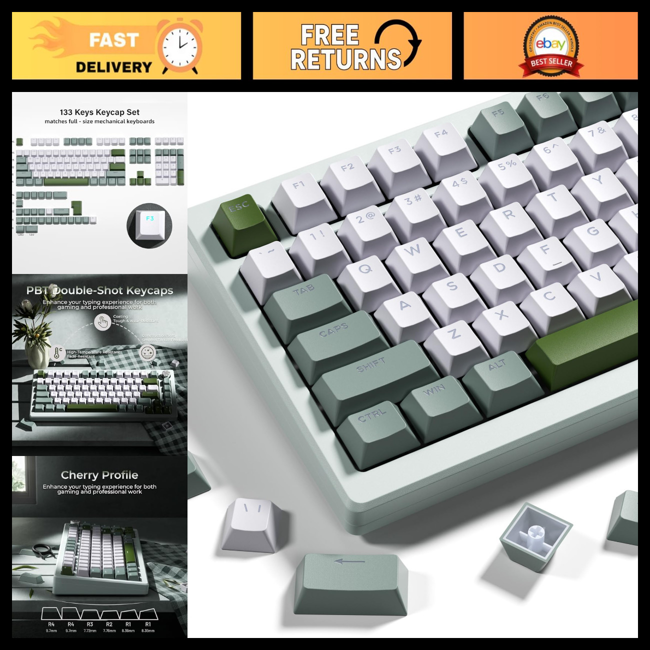 133 Key PBT Double Shot Keycaps - Cherry Profile for 60%/75%/100% Retro Gaming K