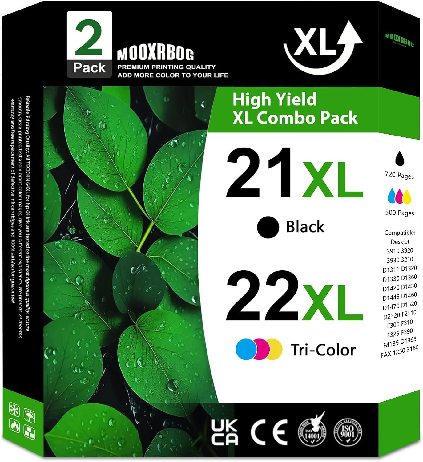21XL 22XL Ink Cartridges (2-Pack, Black/Tri-Color) Replacement for HP 21 22 Ink