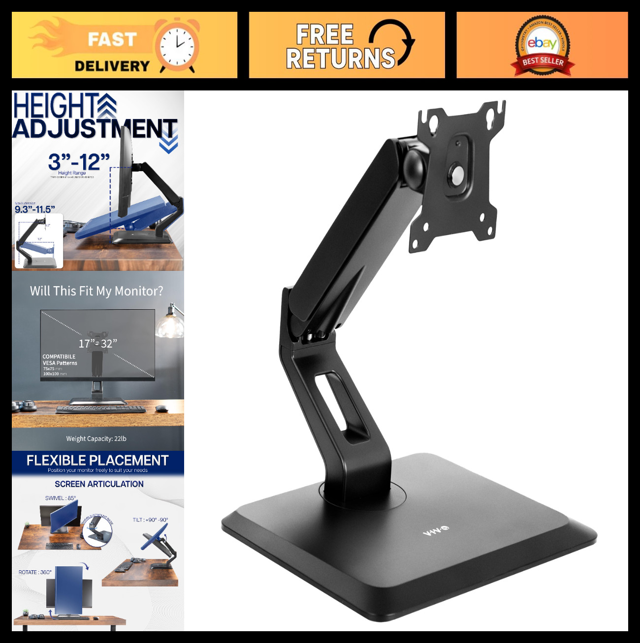 Premium Adjustable VESA Monitor Stand for 17-32" Screens, Rotating Base, Pneumat