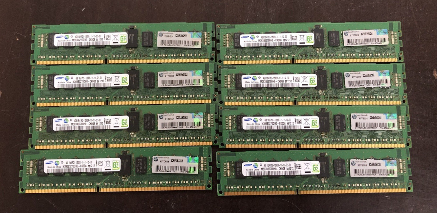Lot of 8 - 32GB (8x4GB) 1Rx4 PC3-12800R DDR3-1600 Samsung SERVER MEMORY