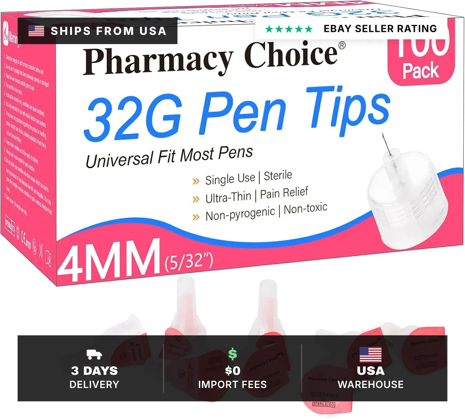 Pen Tips 32G x 4mm(5/32") Universal Fit, Sterile，Ultra-Thin Wall Technology. Com