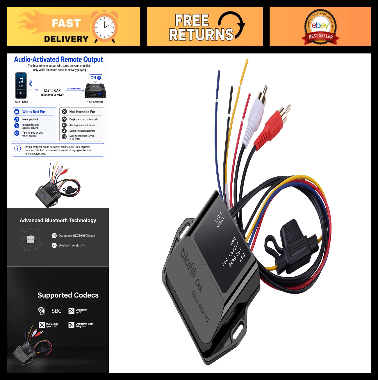 Bluetooth 5.2 Car Receiver with RCA Output, aptX Adaptive HD, 12V/24V Compatible