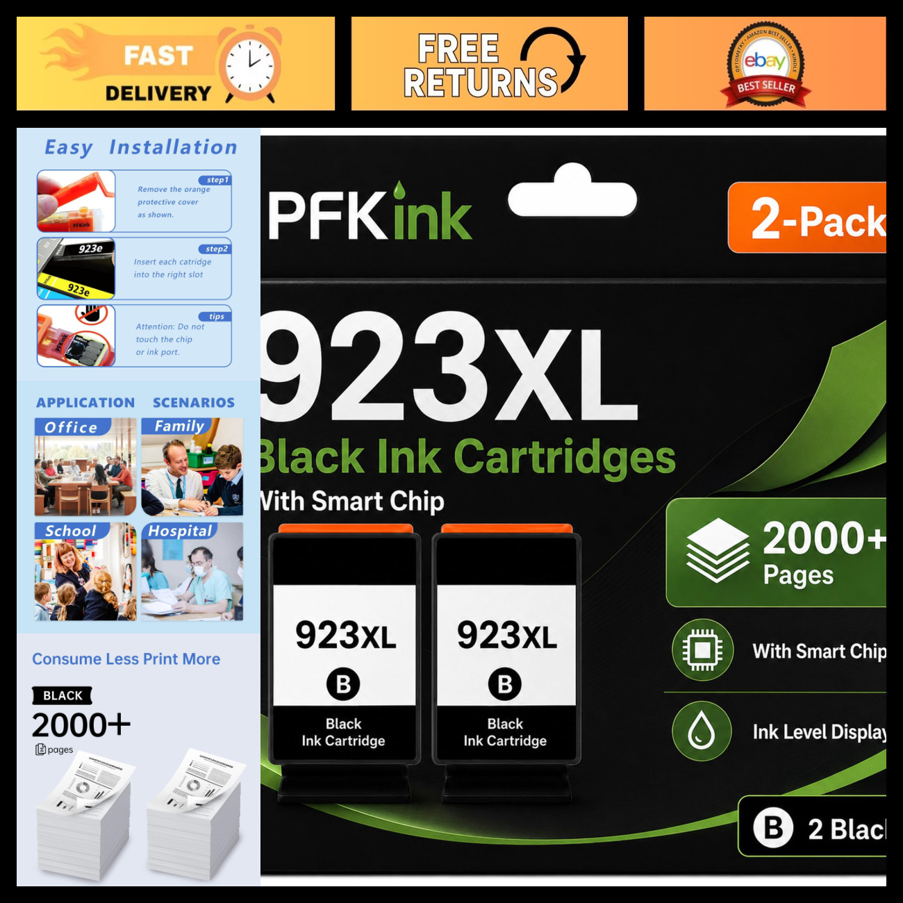 High Yield 2-Pack Black Ink Cartridges, 1000 Pages Each, Compatible HP 923E/XL,