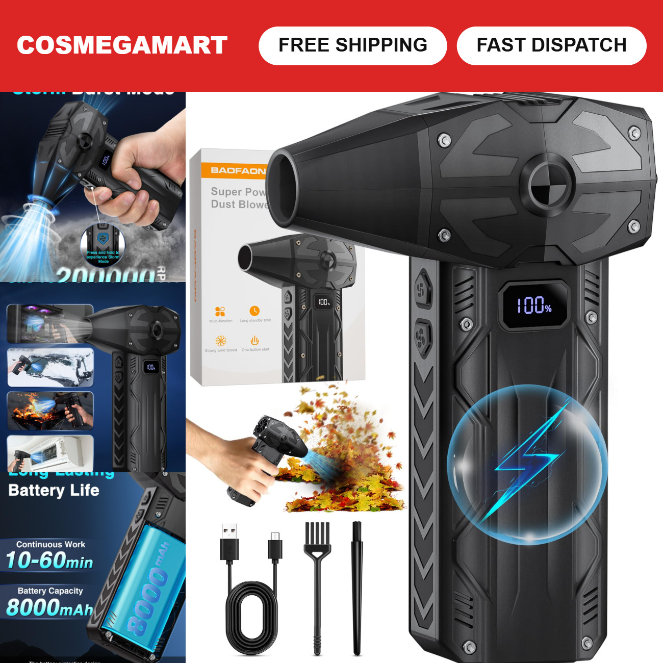 Powerful Compressed Air Duster 200000RPM - Cordless Blower with 4 Gears, Fast Ch