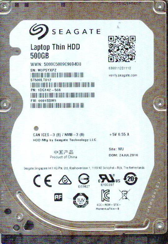 ST500LT012,  1DG142-566,  0001SDM1, WU,  SEAGATE SATA 500GB 