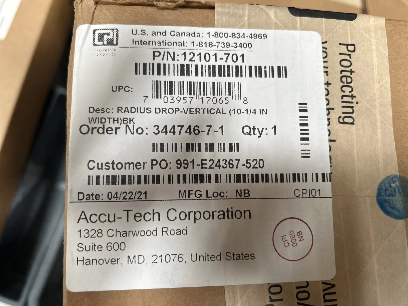Chatsworth P/N 12101-701 Cable Runway Radius Drop 10 1/4 in.