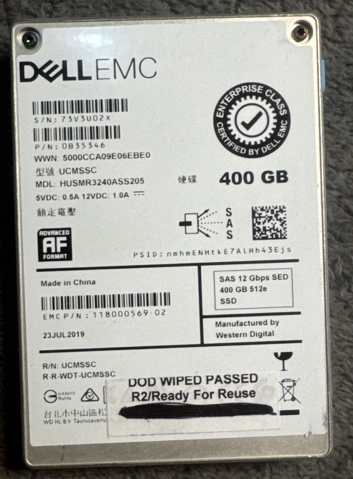 Dell EMC 400GB 12Gb/s SAS 2.5" MLC SSD 0B35346 HUSMR3240ASS205 118000569-02