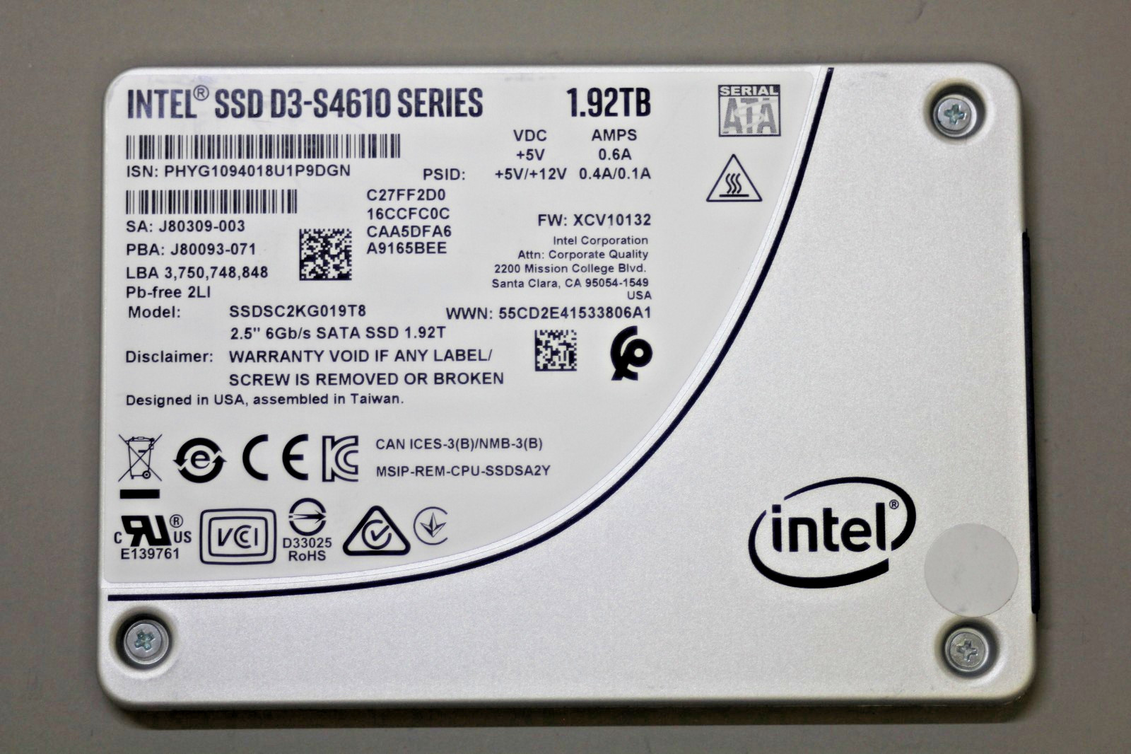 Intel D3-S4610 Series 1.92TB 2.5" SATA SSD SSDSC2KG019T8K 100% Health