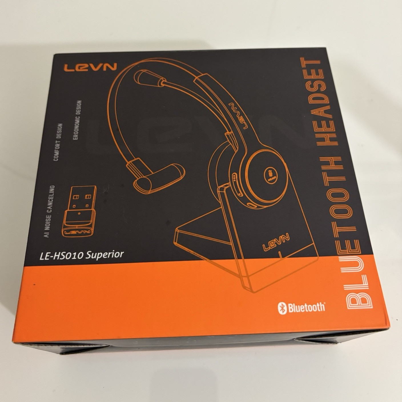 LEVN LE-HS010 Superior Bluetooth Headset USB Dongle ANC Boom Mic Black