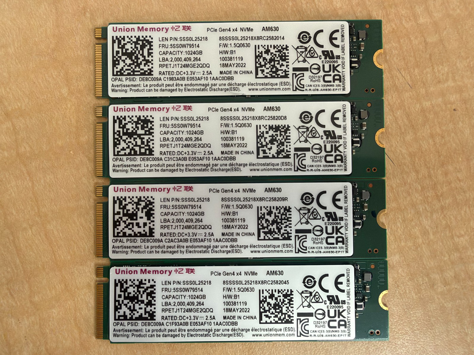 Lot of 4 - Union Memory AM630 1TB PCIe Gen4 x4 NVMe M.2 2280 SSD