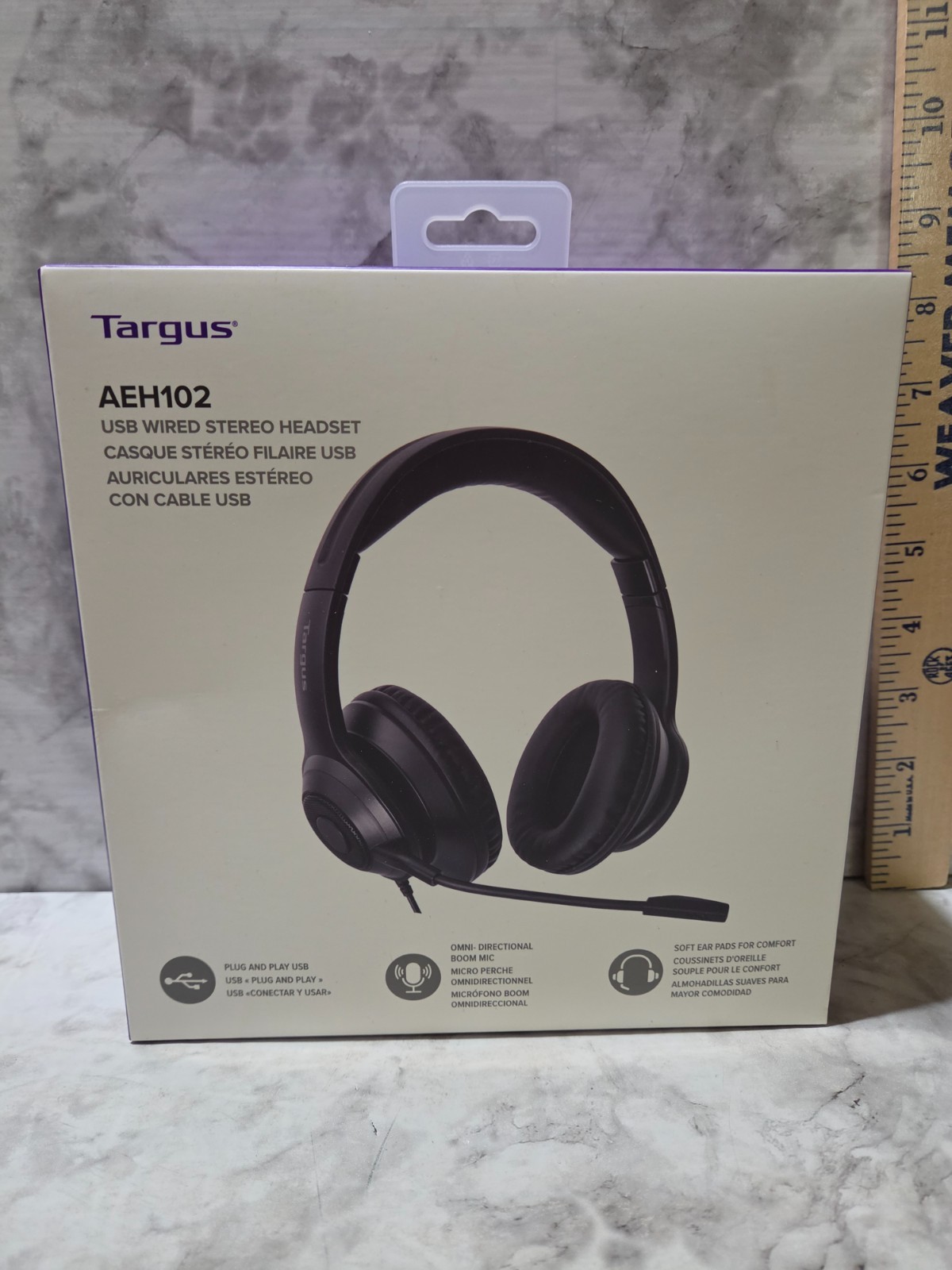 Targus AEH102 USB Wired Stereo Headset Black Plug & Play Soft Ear Pads Boom Mic