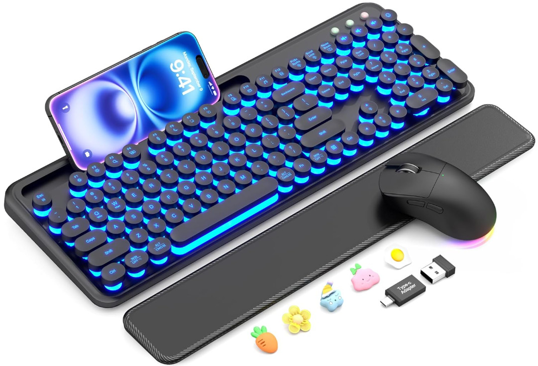 Teclado y Ratón Inalámbricos Retro Retroiluminados con Reposamuñecas Magnético