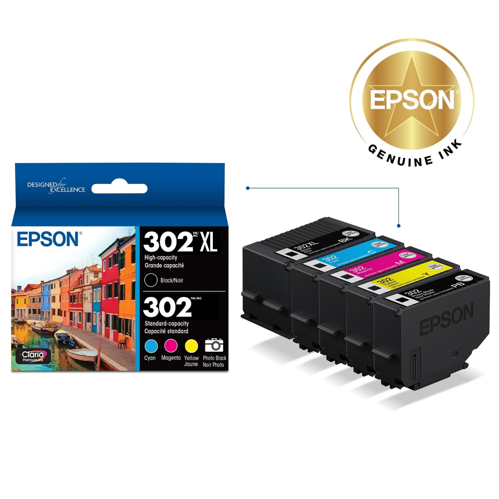 Epson 302 T302XL-BCS Ink C/M/Y/PBK/XLK 5-Pack High Capacity 