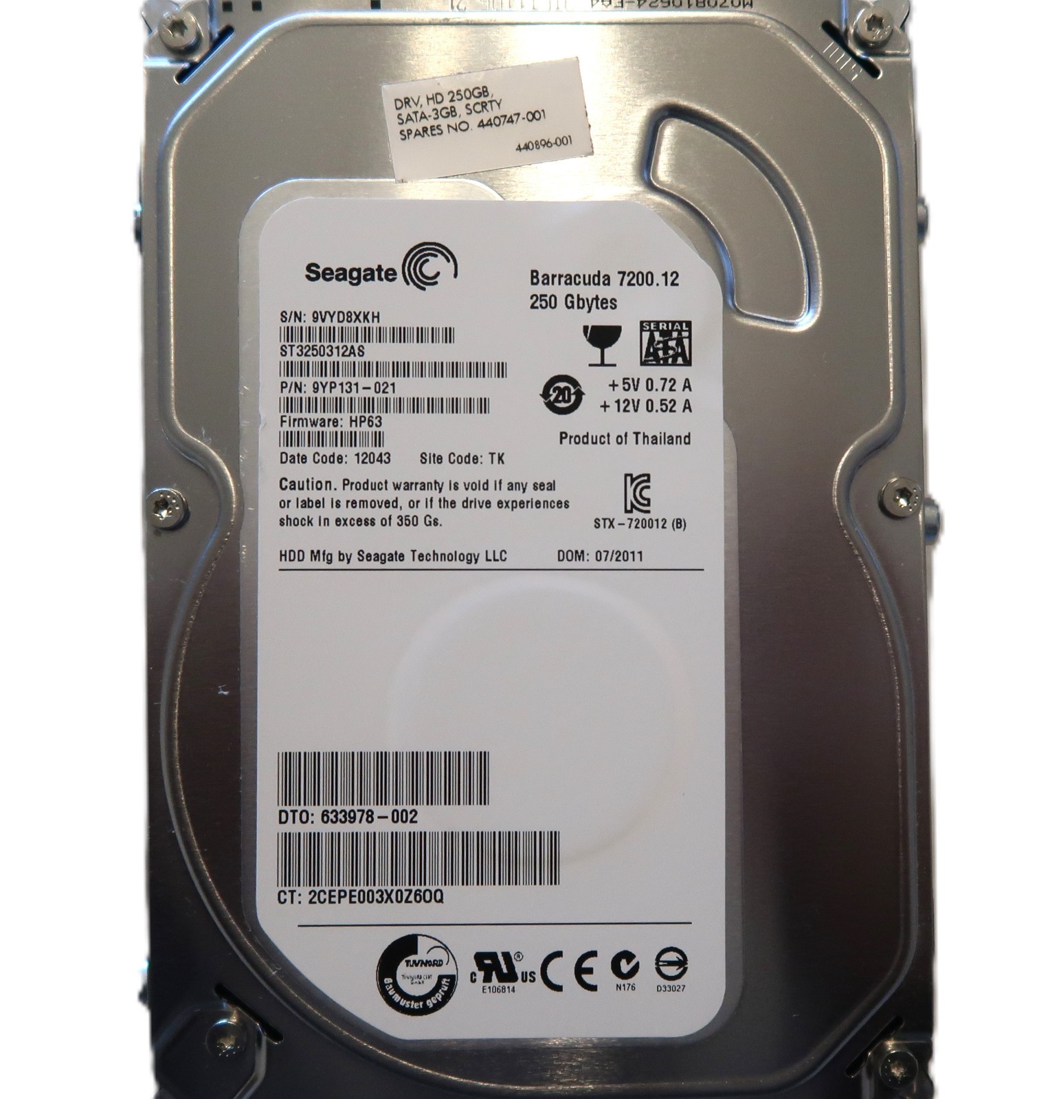 Seagate ST3250312AS 9YP131-021 HP63 (9VY) TK Thailand 250gb 3.5" Sata 07/2011