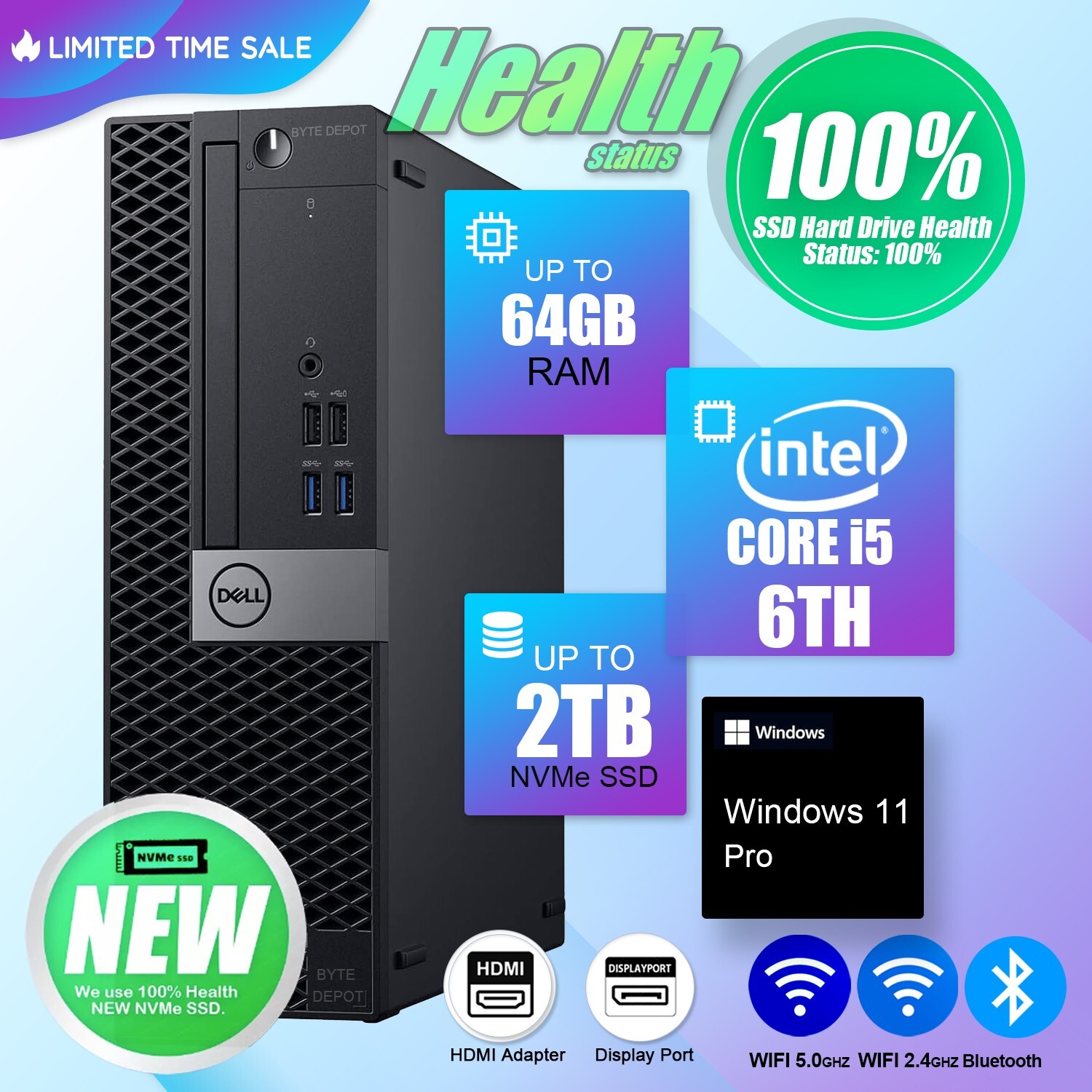 DELL Desktop Computer PC i5 6TH, Up to 64GB RAM 5TB SSD/HDD, Windows 11, WiFi BT