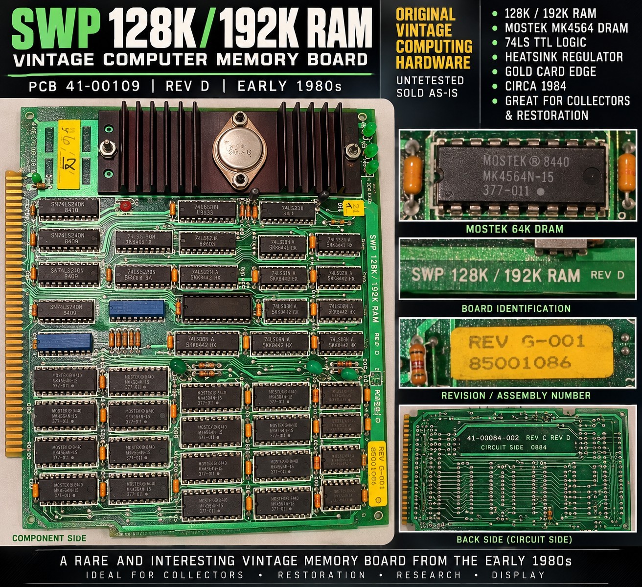 Vintage SWP 128K/192K RAM Memory Board 41-00109 Early 1980s Computer PCB