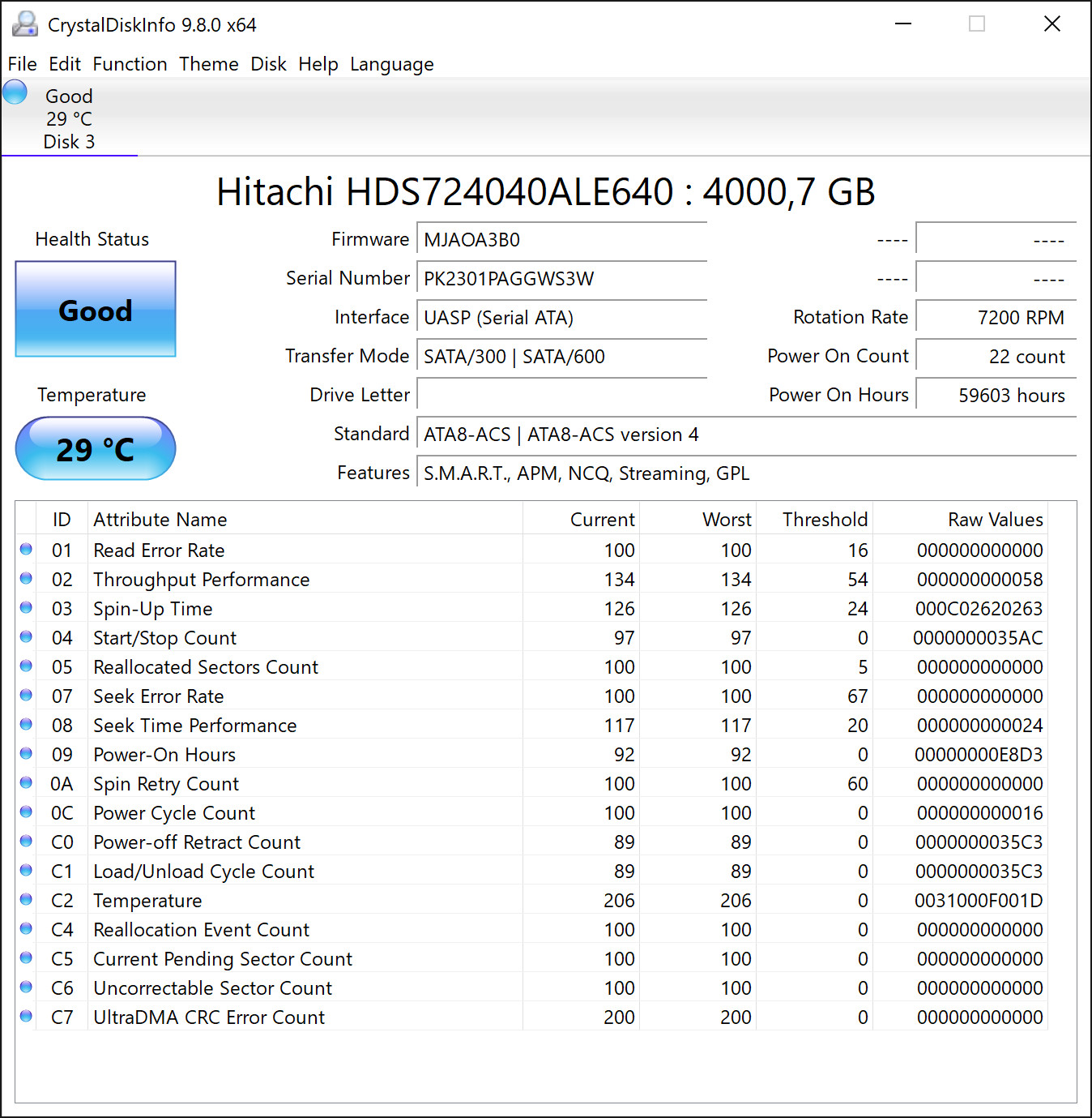 Hitachi Deskstar 7K4000 4TB HDS724040ALE640 3.5" SATA CMR 7200RPM 64MB HDD HGST