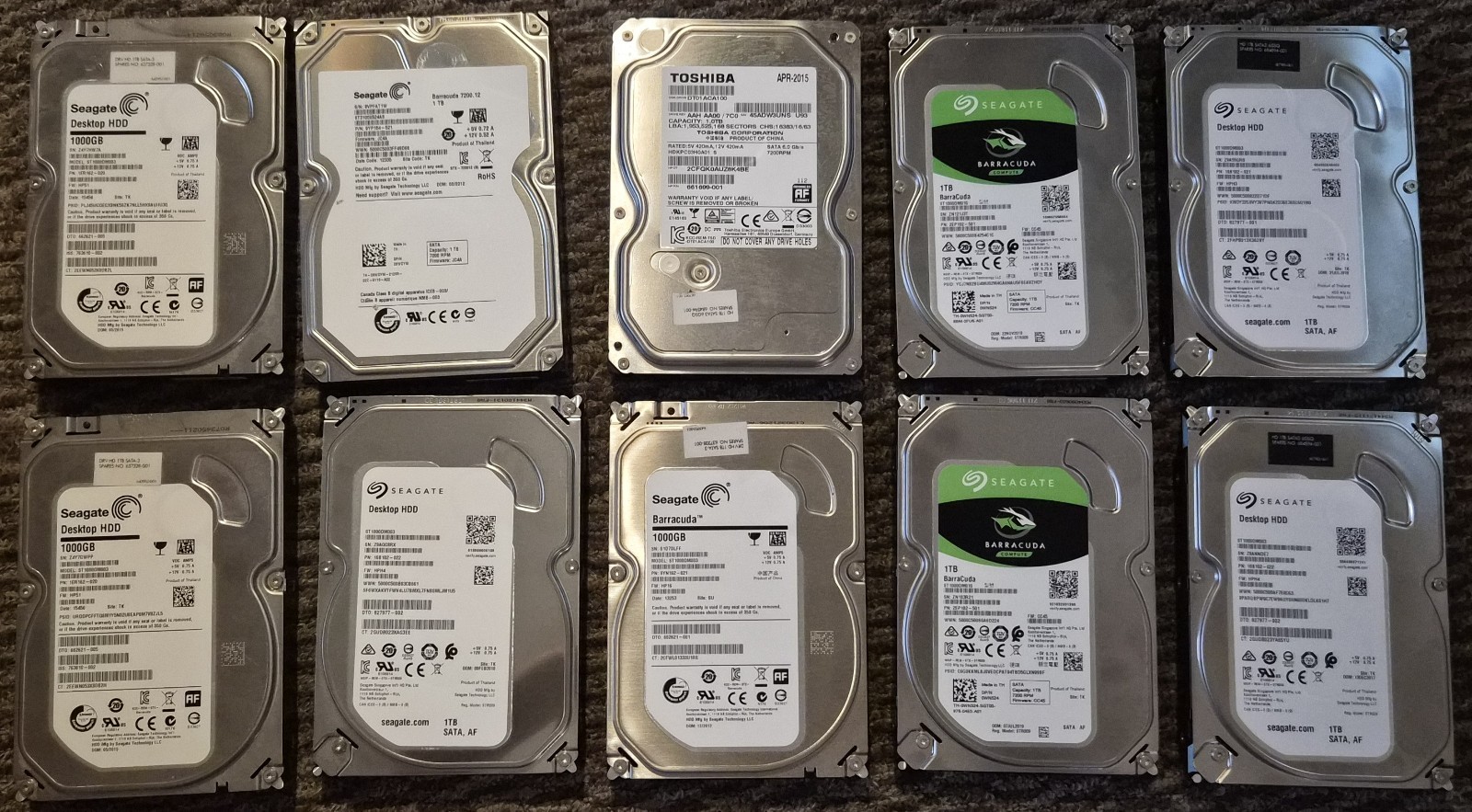 10TB (10x 1TB) Seagate Toshiba Hard Disk Drive HDD, SATA III 7200RPM, Working
