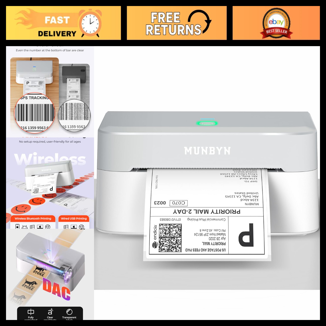 Wireless Bluetooth Thermal Label Printer - 4x6 Shipping Labels, Easy Setup, Fast