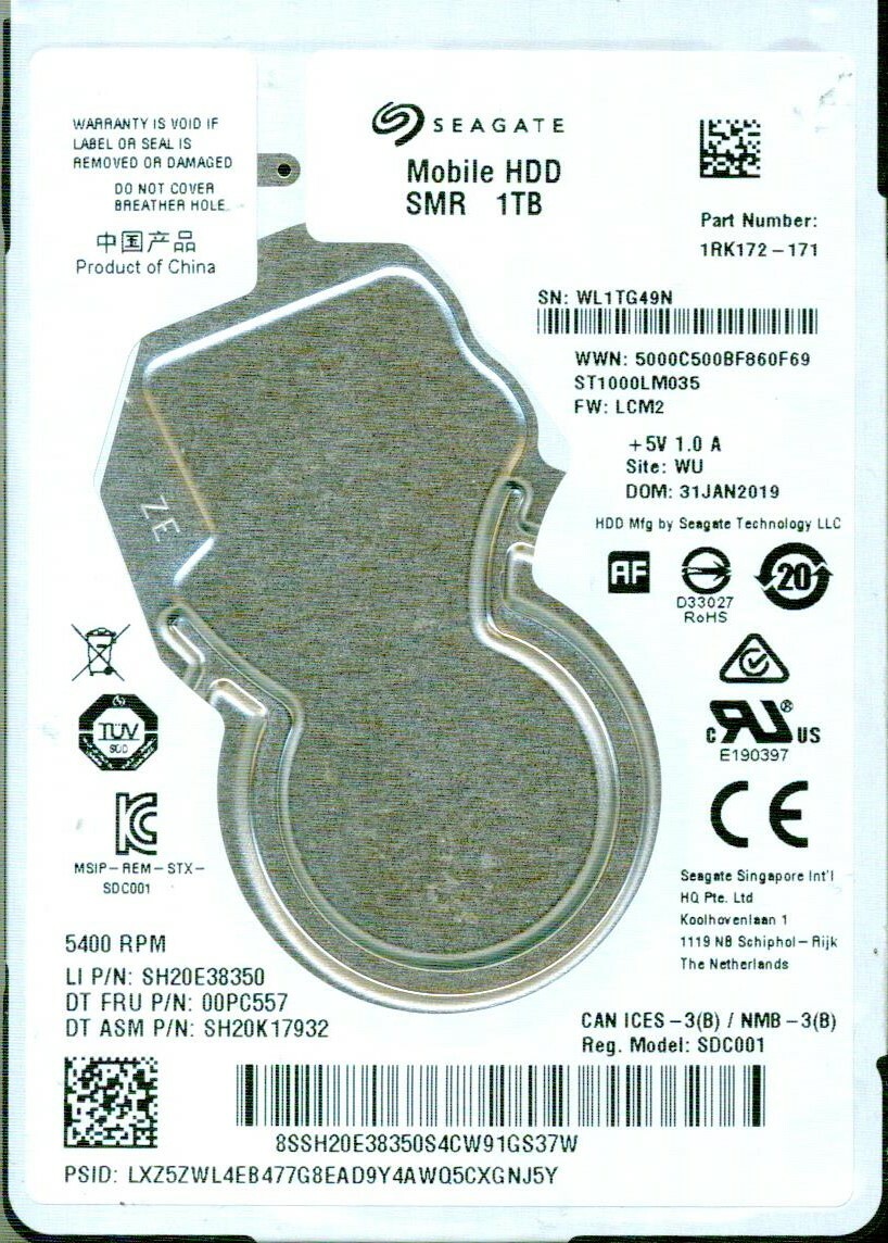 ST1000LM035,  1RK172-171,  LCM2, WU,   WL1T,  SEAGATE 1TB  JAN 2019
