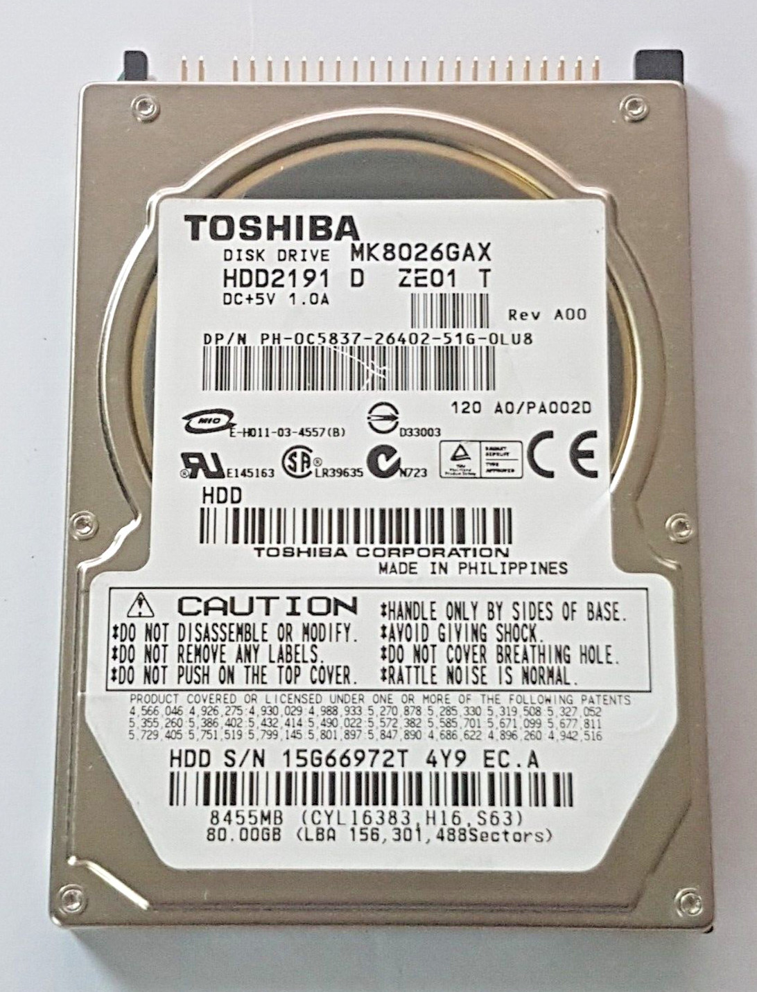 80GB IDE Toshiba MK8026GAX P-ATA 5400rpm 16MB HDD 2.5" Internal Hard Drive