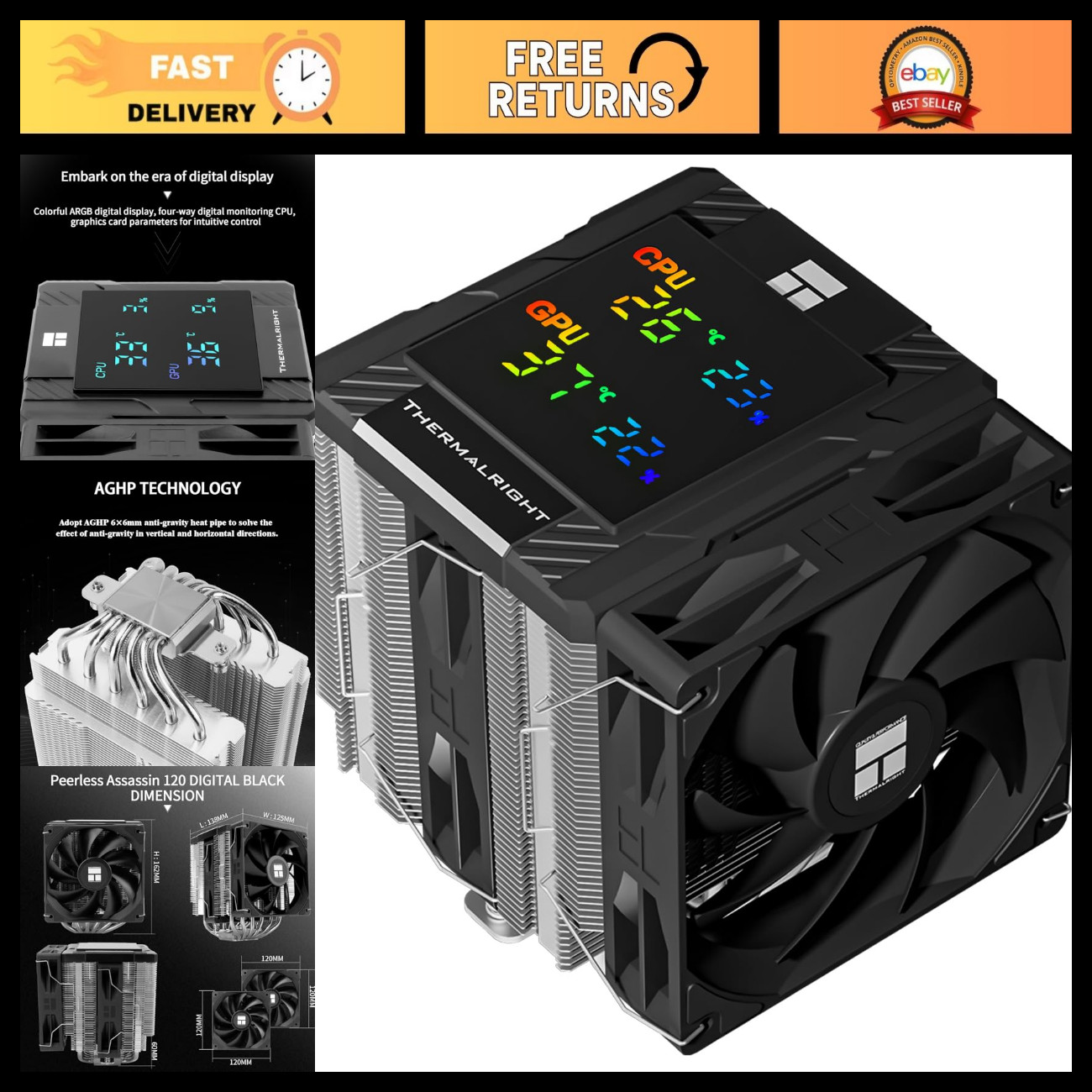 High-Performance CPU Cooler with 6 Heatpipes, Magnetic Display, AM4/AM5 & Intel
