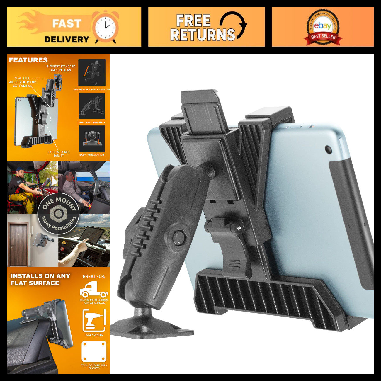 Universal Tablet Drill Base Mount for 7-11" Devices - Truck & Vehicle Accessory