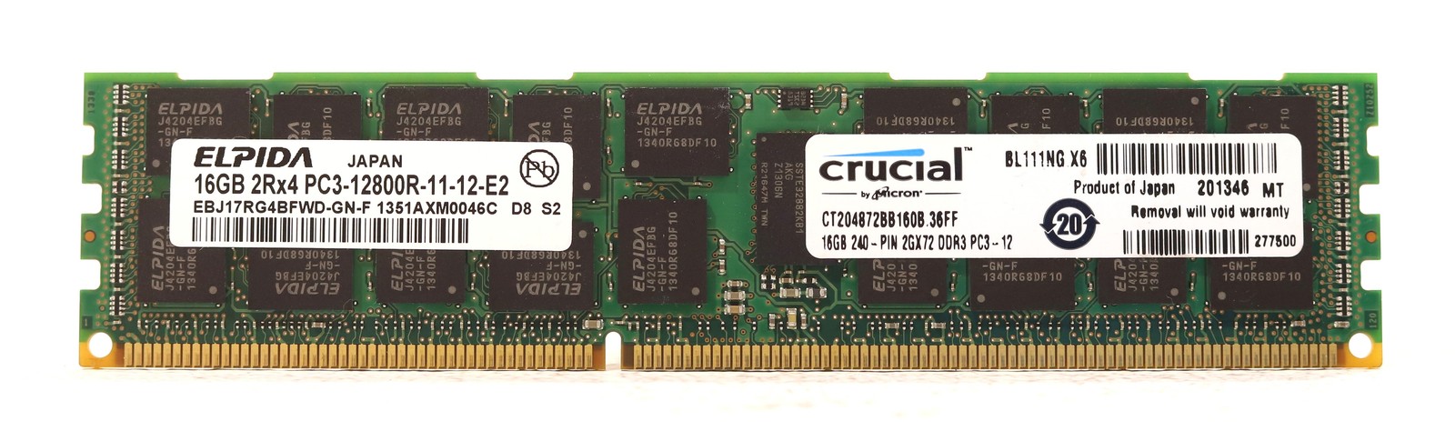 Elpida 16GB 2Rx4 PC3-12800R-11-12-E2 ECC REG Server Memory P/N:EBJ17RG4BFWD-GN-F