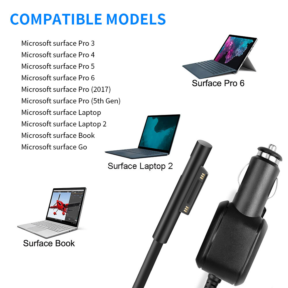 DC Car Charger 45W 15V 3A Power Supply for Surface Pro 3/4/5/6/7/8/9/10/Book/Go