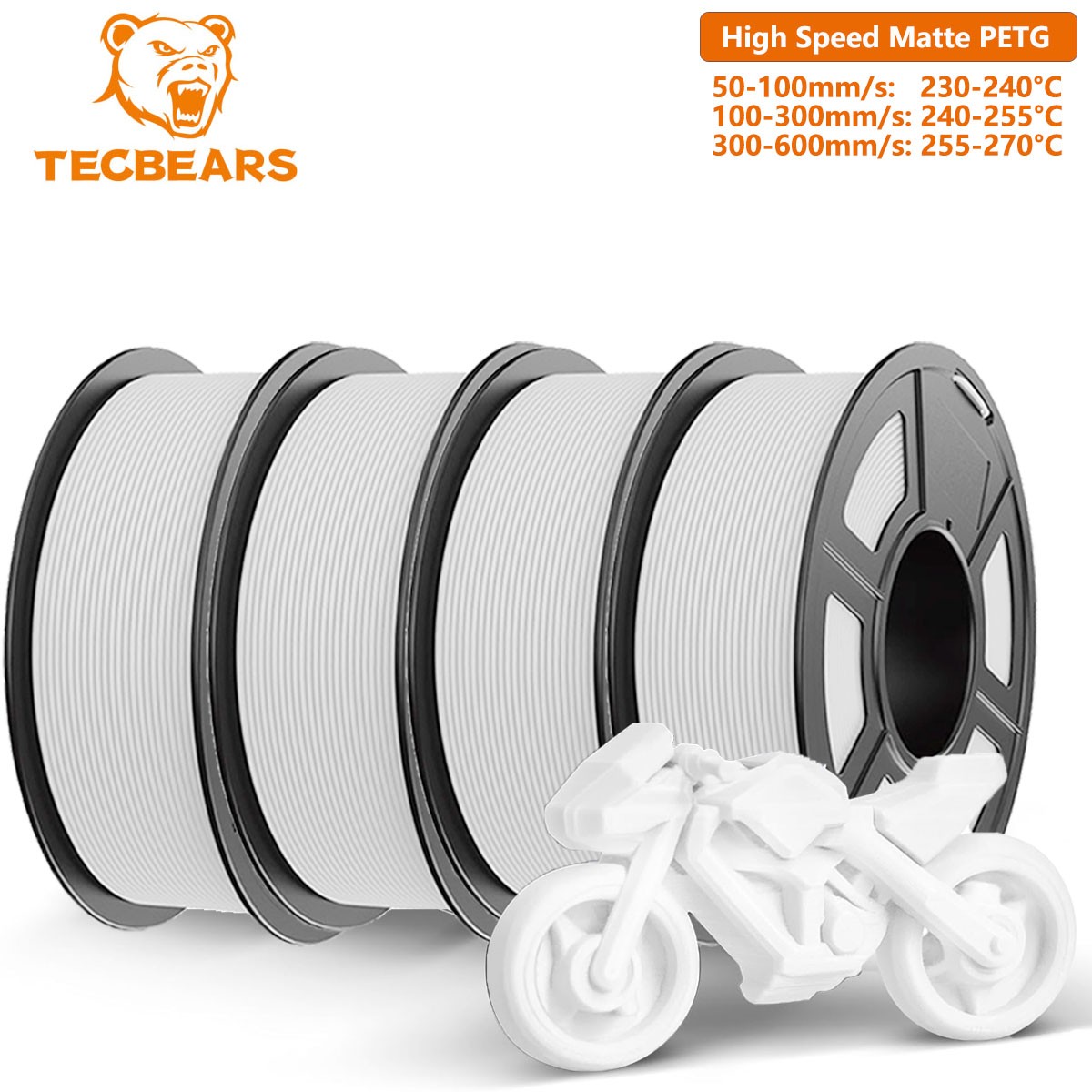 4KG TECBEARS PETG Fast-Print Matte 3D Filament 50-600mm/s Low Warping White