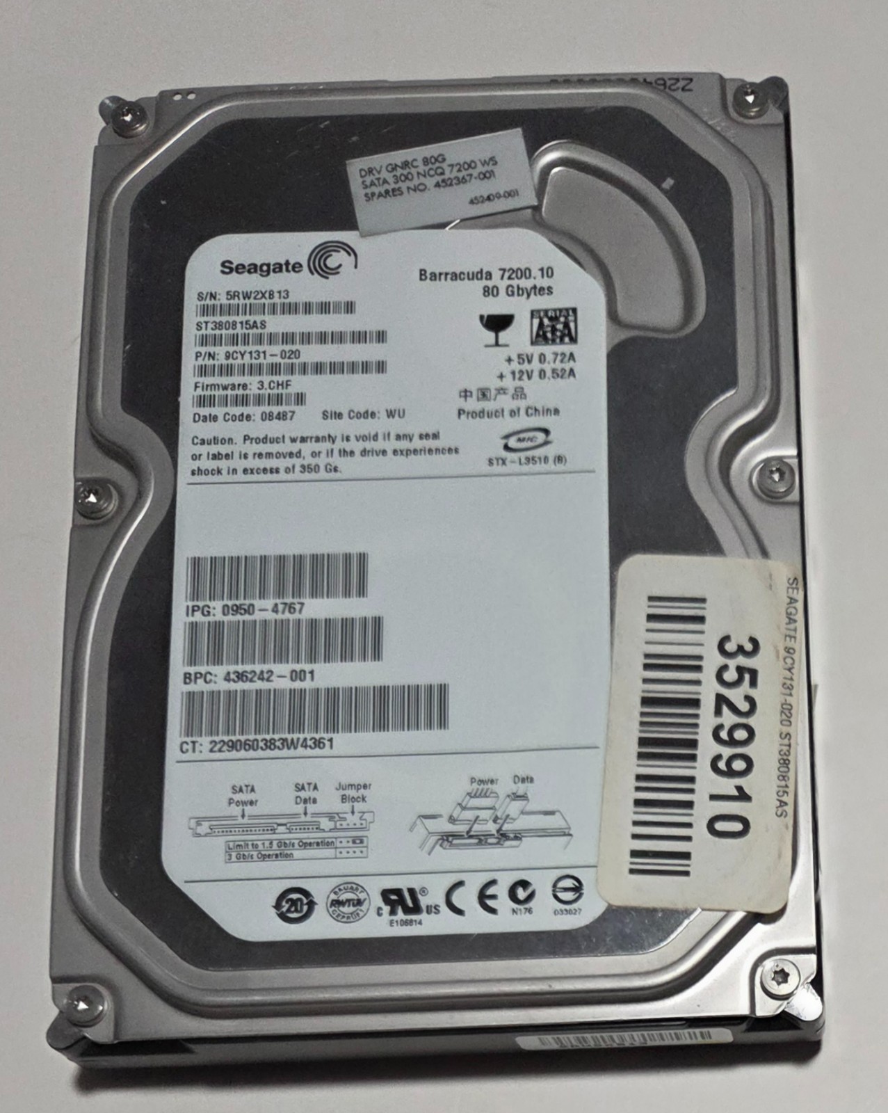 Seagate 80 GB Hard Disk Drive - Barracuda 7200.10 - 3.5'' ST380815A - Tested