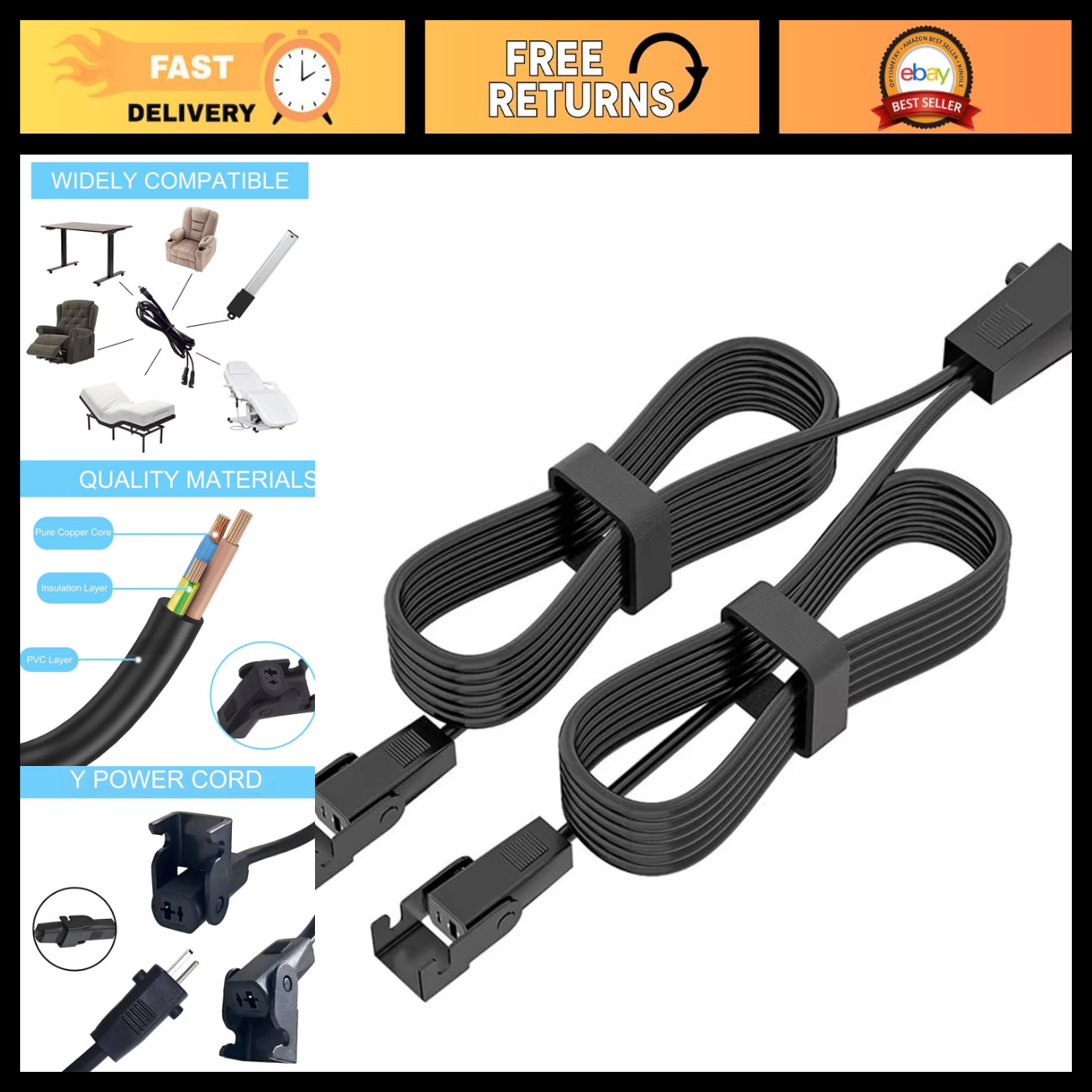 Universal 1.5M 2 Pin Y Power Cable Splitter for Electric Recliners & Lift Chairs
