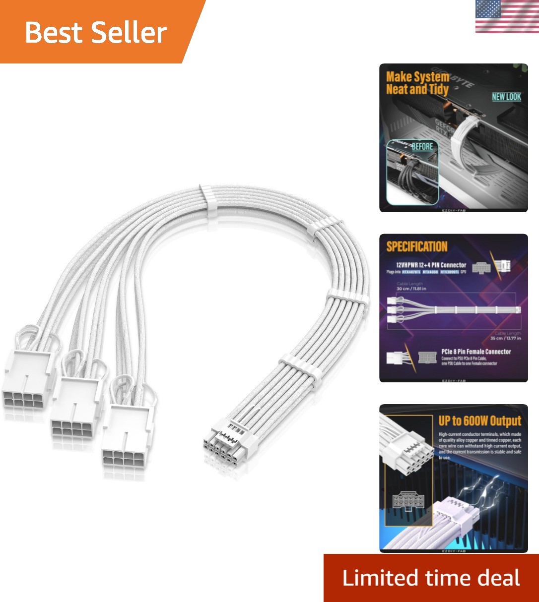 GPU Power Sleeved Cable Extension, 16pin12+4 12VHPWR PCIe 5.0 Connector Male ...