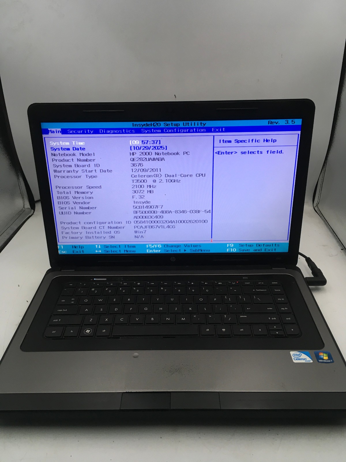 HP 2000 299WM - BOOTS TO BIOS - INTEL CELERON T3500 - 3GB RAM - 15" - READ - BB