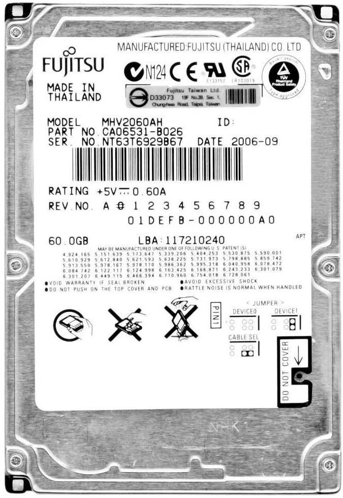 HARD DRIVE FUJITSU MHV2060AH 60GB 5400RPM PATA ATA IDE 8MB CACHE 2.5'' inch