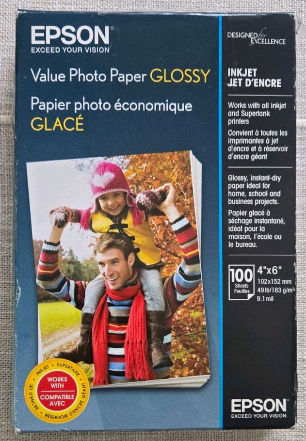 EPSON VALUE PHOTO PAPER GLOSSY, 4" X 6", 100 sheets. Open BOX NEW