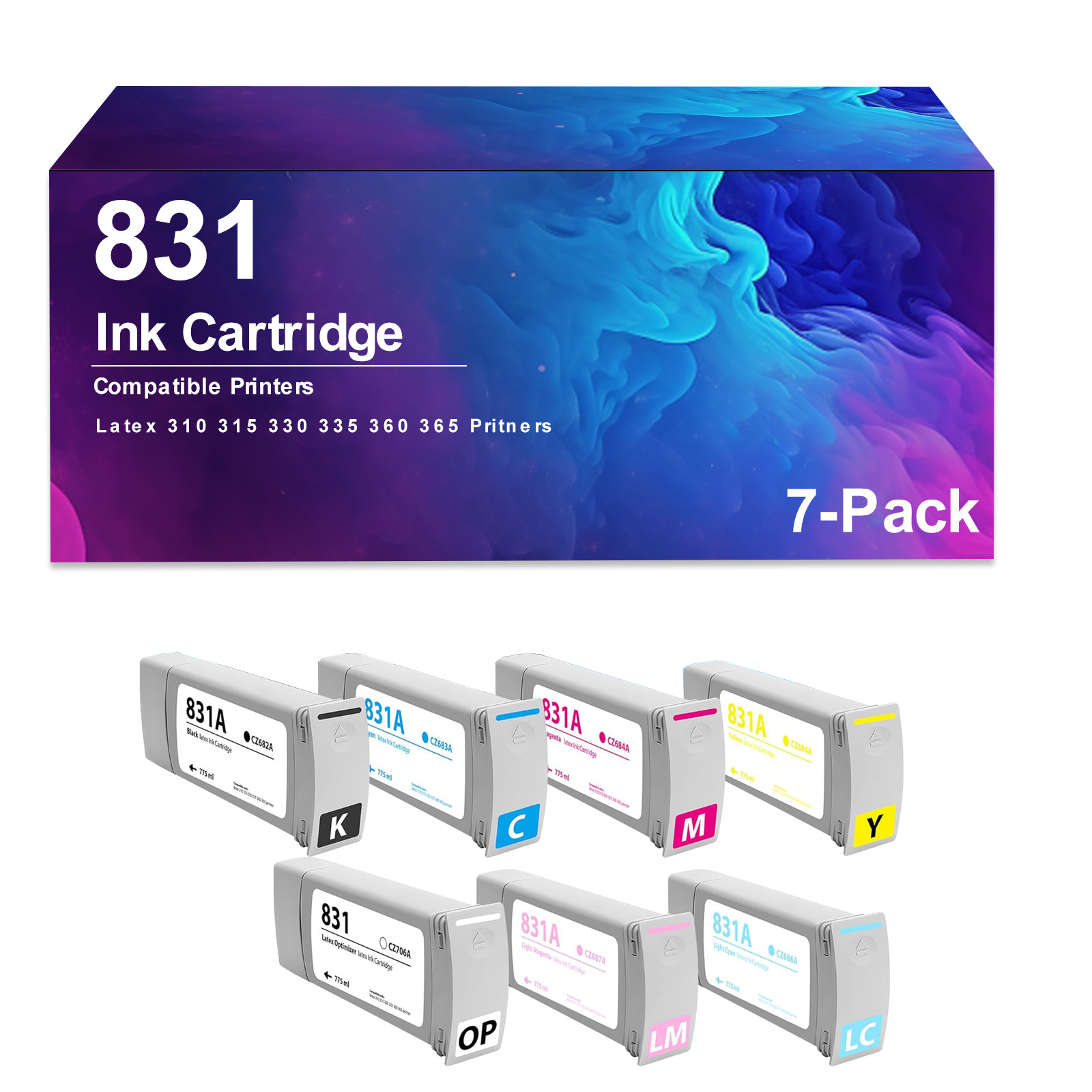 7 Pack   831 Ink Cartridge Compatible for Latex 310 315 330 335 360 365 Pritners