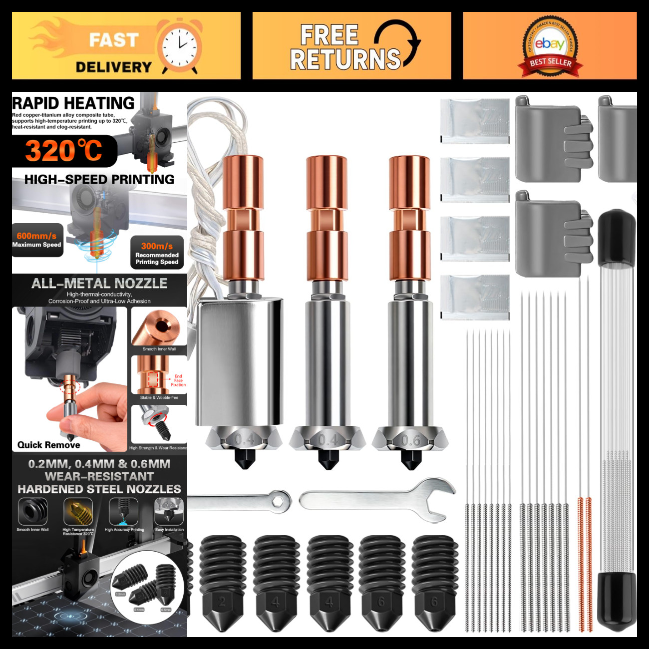 48pcs 3D Printer Hotend Kit, Hardened Steel Nozzles 0.2/0.4/0.6mm, Cleaning Need
