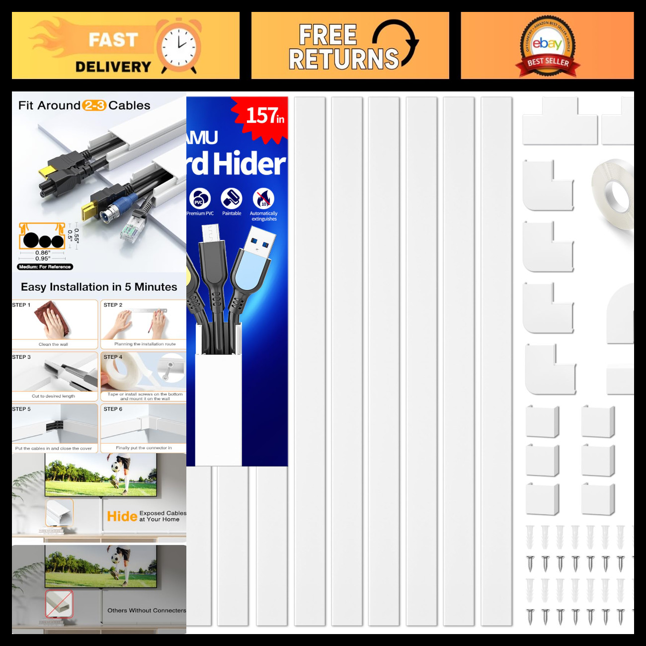 Premium Cable Management Kit - 157in Cord Hider & Wire Covers for Wall, White