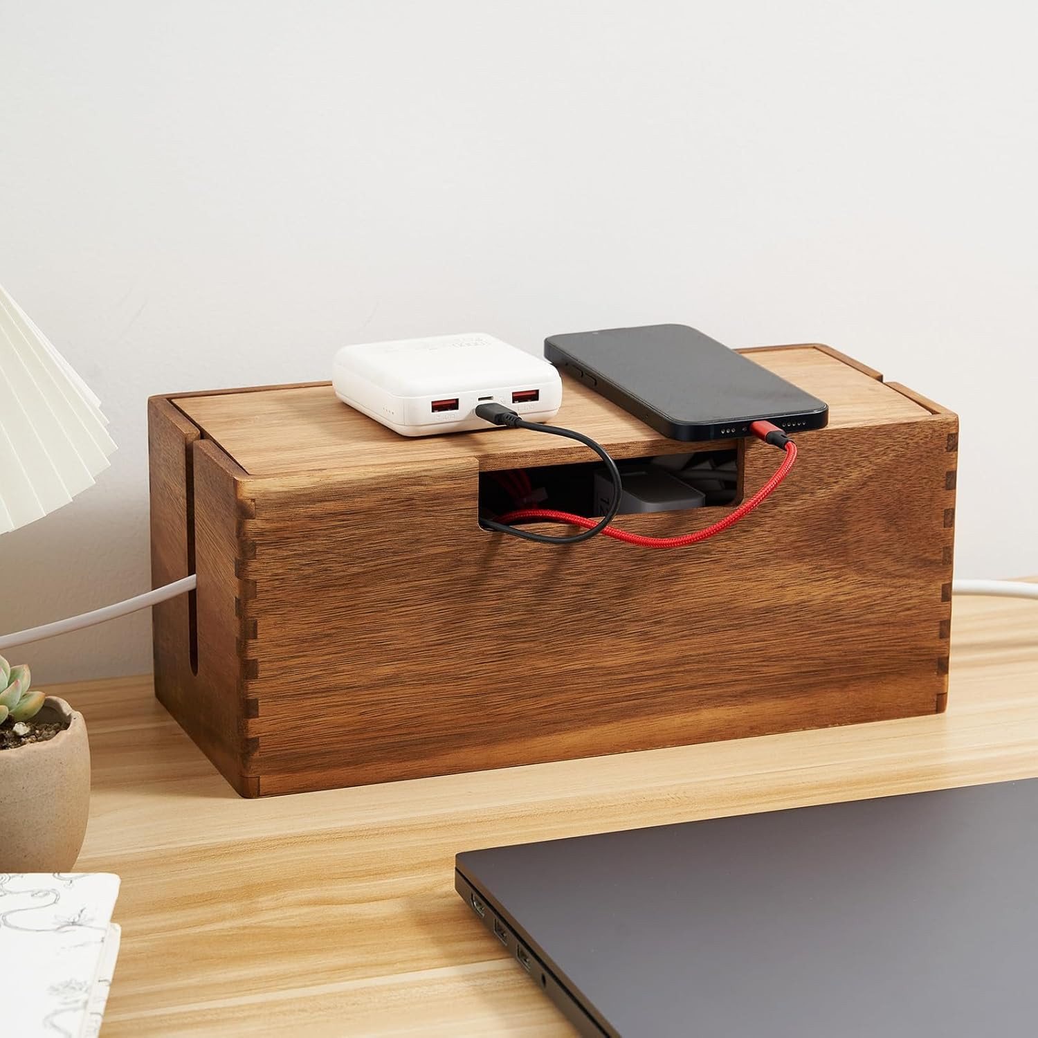 Acacia Wood Cable Management Box Power Strip Cord Hider Organizer Storage