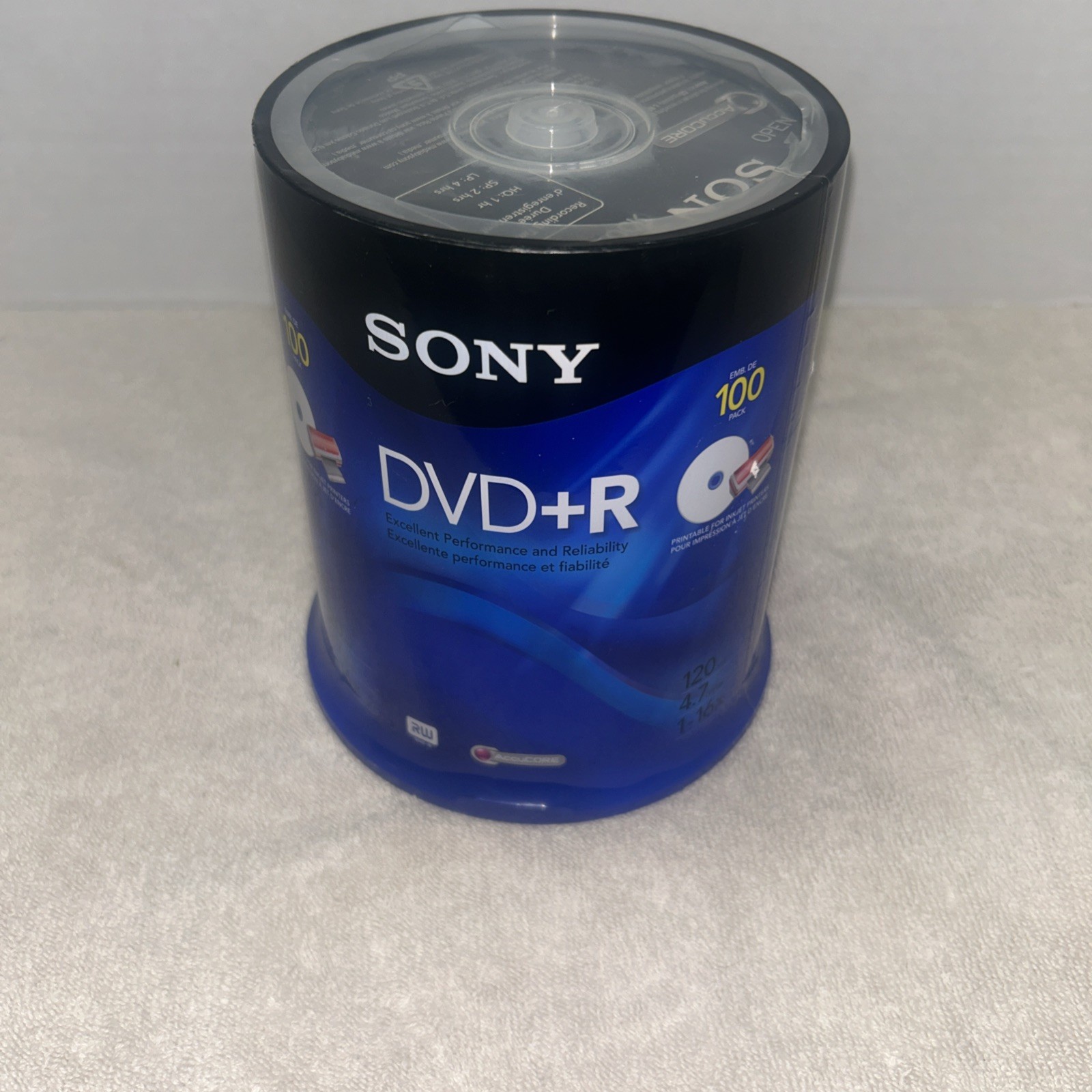 SONY Accucore 100 Pack DVD DVD+R, 1X-16X, 4.7GB/Go - NEW SEALED