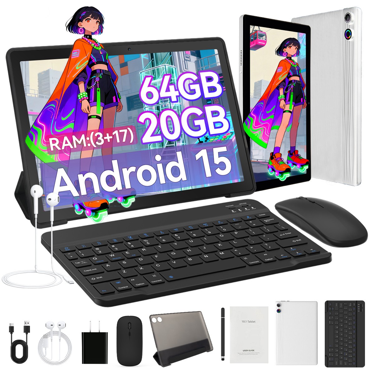 Tablet Wifi 20GB+64GB Android 15 OS 10.1inch Face ID Unlock 5000mAh Widevine L1