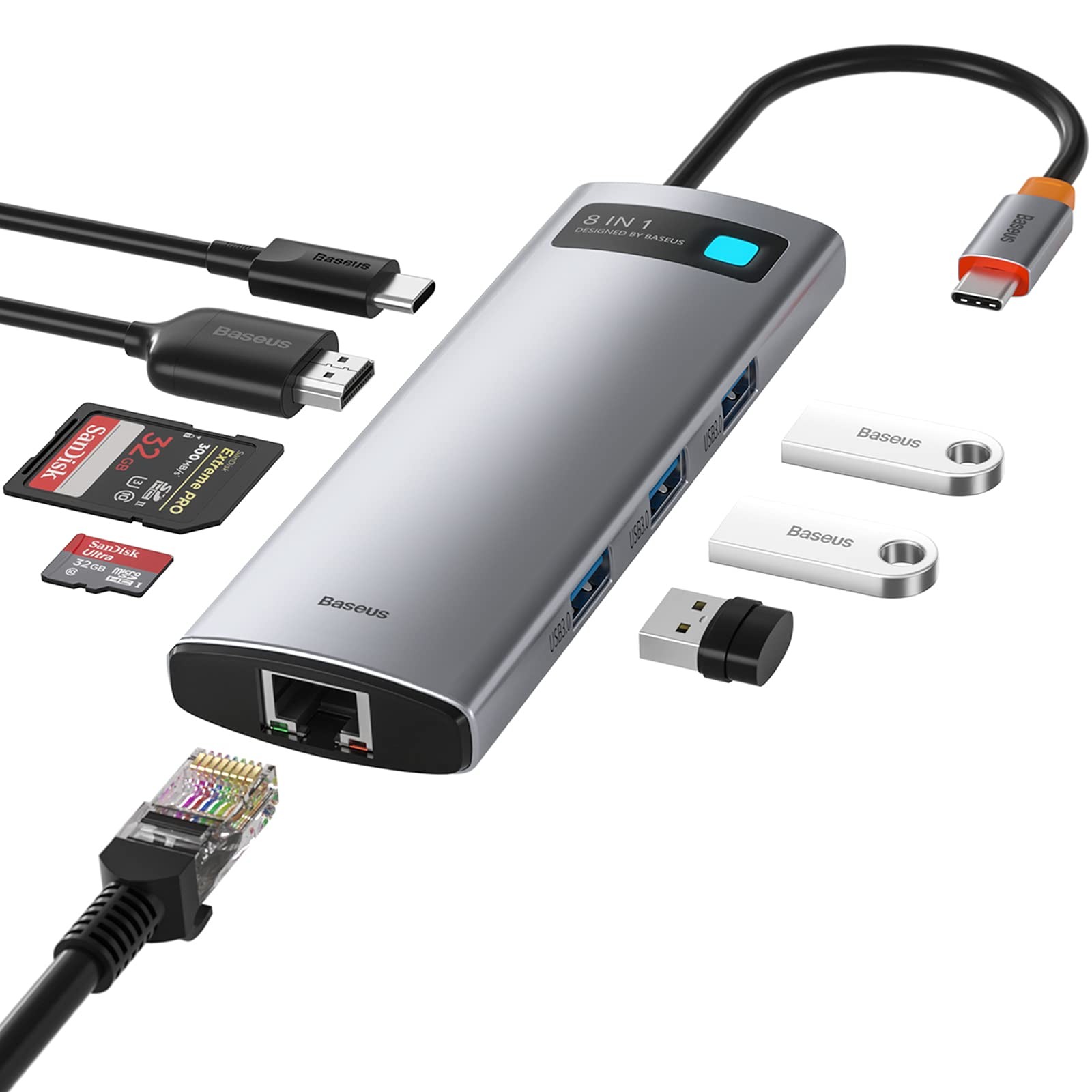 Baseus 8-in-1 USB C Hub Docking Station, USB C Adapter with 4K HDMI, 3 USB 3.